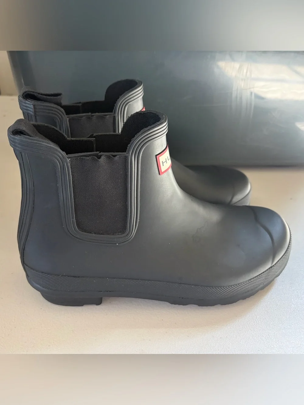 Hunter Black Short Chelsea Rain Boots with Red Logo